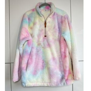 Jen & Co Pastel Tie Dye 1/4 Zip Fuzzy Fleece Size Small Pink Purple Yellow Blue